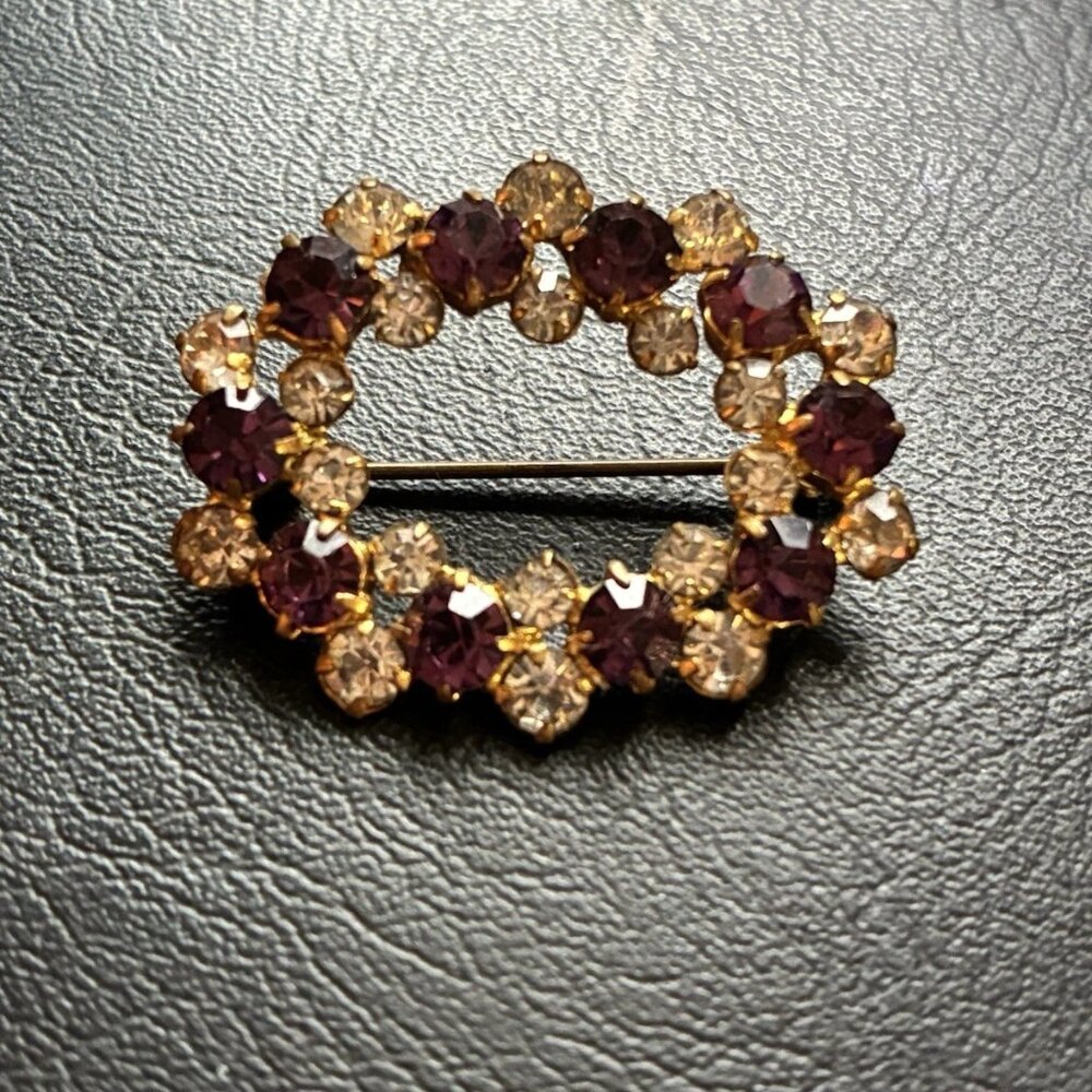 VINTAGE Made in Germany Amethyst & Clear Rhinestone Wreath Brooch Pin Gold Tone